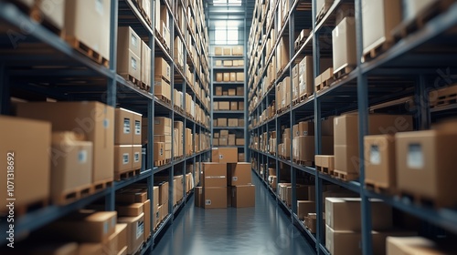 Warehouse Shelves Stacked with Shipping Boxes. High shelves in a warehouse loaded with cardboard boxes, emphasizing storage and efficient inventory handling in logistics.