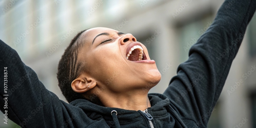 A closeup of a persons face midyawn eyes opening wide with refreshment as they stretch their arms overhead indicating the awakening of both body and mind through stretching. A closeup of a persons face midyawn eyes opening wide with refreshment as they stretch their arms overhead indicating the awakening of both body and mind through stretching.