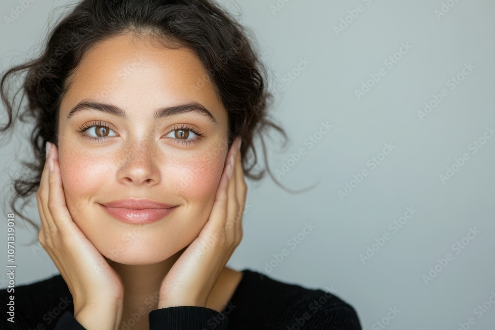 A smiling woman with curly hair gently holds her face, exuding warmth and confidence against a neutral background. A smiling woman with curly hair gently holds her face, exuding warmth and confidence against a neutral background.