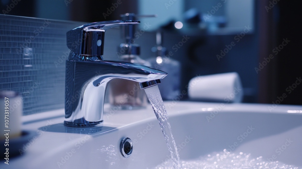 A modern faucet dispensing water into a white sink, creating a serene atmosphere. A modern faucet dispensing water into a white sink, creating a serene atmosphere.