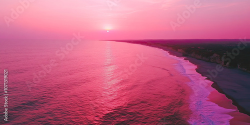 Aerial drone photograph pink sunset, coastline seascape photography, minimal beautiful background wallpaper