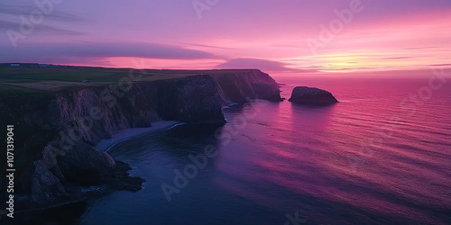 Aerial drone photograph pink sunset, coastline seascape photography, minimal beautiful background wallpaper