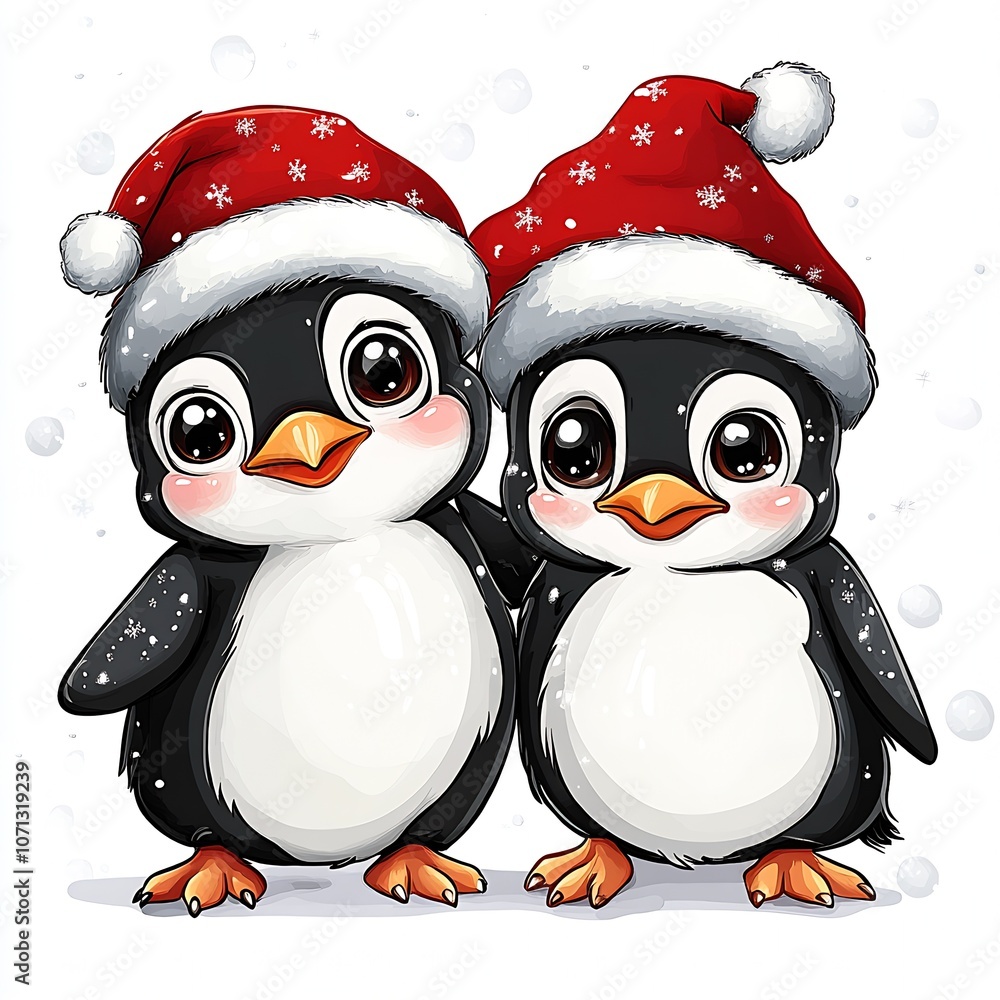 Fototapeta premium Charming Pair of Penguins Celebrating Christmas with Festive Hats : Generative AI