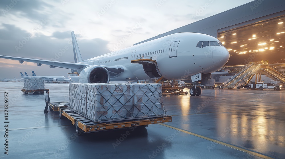 Airplane Preparing for Cargo Loading at Dawn. Airplane at an airport terminal during early morning light, ready for cargo loading, representing global logistics and air transport Airplane Preparing for Cargo Loading at Dawn. Airplane at an airport terminal during early morning light, ready for cargo loading, representing global logistics and air transport