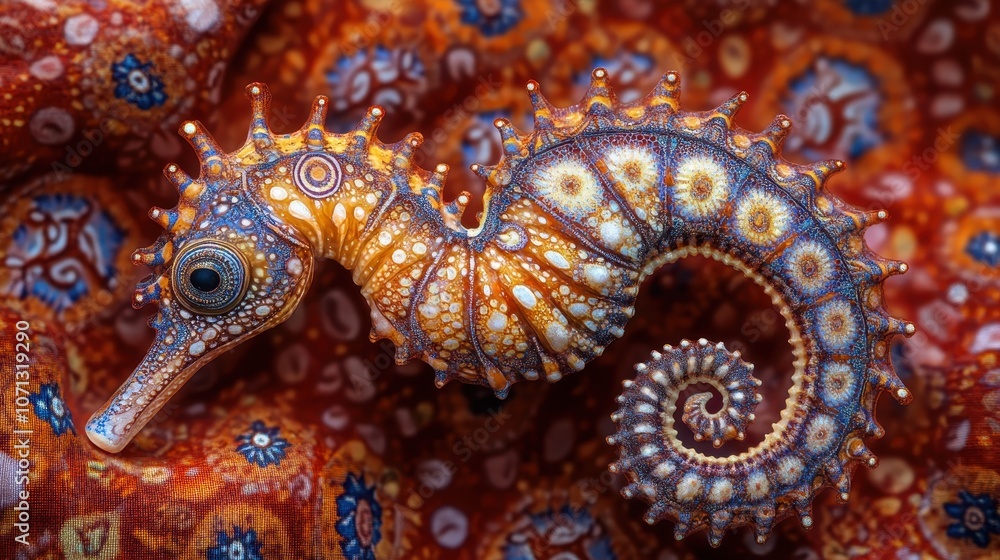 Obraz premium Vibrant Seahorse on Colorful Patterned Fabric Showcasing Intricate Details and Stunning Colors in a Captivating Underwater Scene