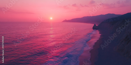 Aerial drone photograph pink sunset, coastline seascape photography, minimal beautiful background wallpaper