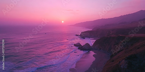 Aerial drone photograph pink sunset, coastline seascape photography, minimal beautiful background wallpaper