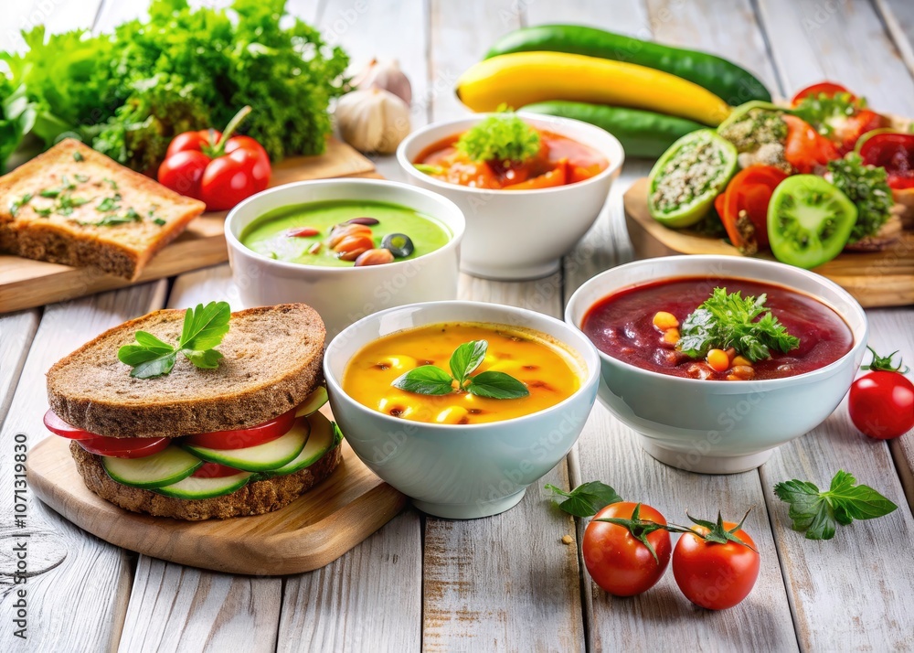 Healthy Vegetarian Brunch: Delicious Vegan Soup and Avocado Sandwiches on a Rustic Wooden Table Healthy Vegetarian Brunch: Delicious Vegan Soup and Avocado Sandwiches on a Rustic Wooden Table