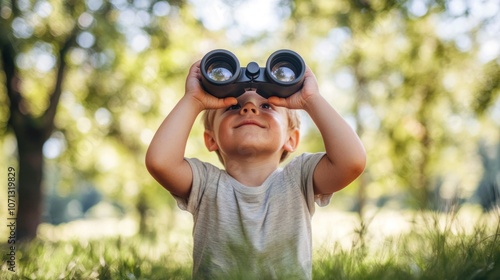 A child exploring nature with binoculars in a grassy field.