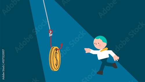 Crypto scams or fraud, liar create ICO initial coin offering to baiting greed investors or trader concept, greedy businessman running to grab bating cryptocurrency coin scam.