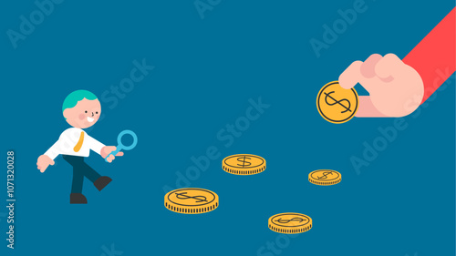Money. Greedy businessman running to grab money coin trail, chasing for investment yield