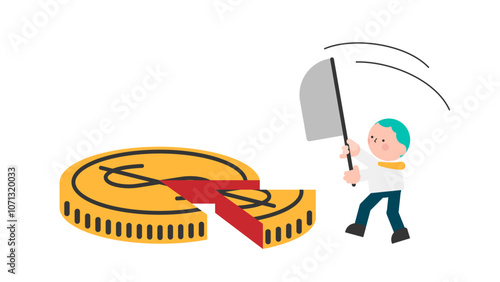 Money management, financial planning or wealth management or investment portfolio, paying for tax, loan or debt, inflation concept, businessman using pizza cutter to split golden dollar money coin.