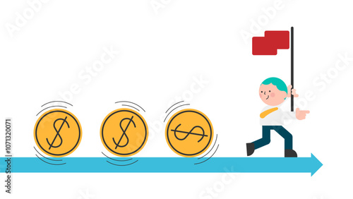Cash flow, investment fund flow, fund raising, bank loan or financial activity to making money or profit concept, Businessman leader or investor holding flag control flow of money Dollar coins.