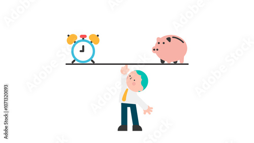 Time Finance. Business and Commercial Funding Solutions. time and money management. businessman balance a seesaw with clock and piggy bank.