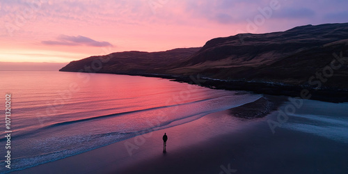 Aerial drone photograph pink sunset, coastline seascape photography, minimal beautiful background wallpaper