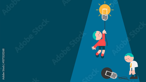 Two person created different ideas but only one is having success, while the other fails. Vector artwork shows the concept of idea success and failure.