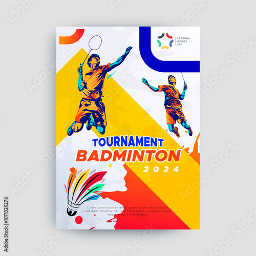 badminton sports concept poster design, vector illustration of a badminton athlete with a jumping smash. colored silhouette style design, grunge. badminton national sports day celebration design conce