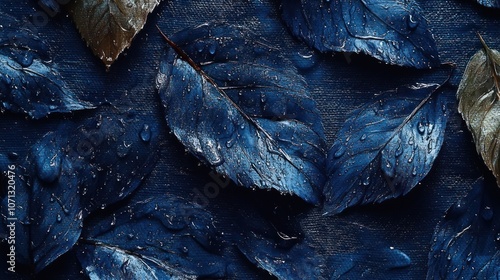 Blue leaves with water drops on dark blue background.