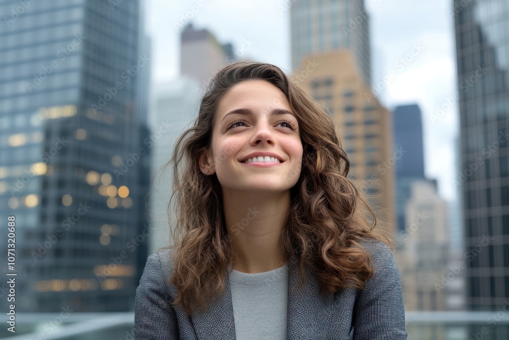 Fototapeta premium A smiling woman with curly hair poses confidently against a backdrop of urban skyscrapers.