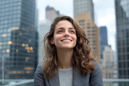 Free Download A smiling woman with curly hair poses confidently against a backdrop of urban skyscrapers. - GFXLoad