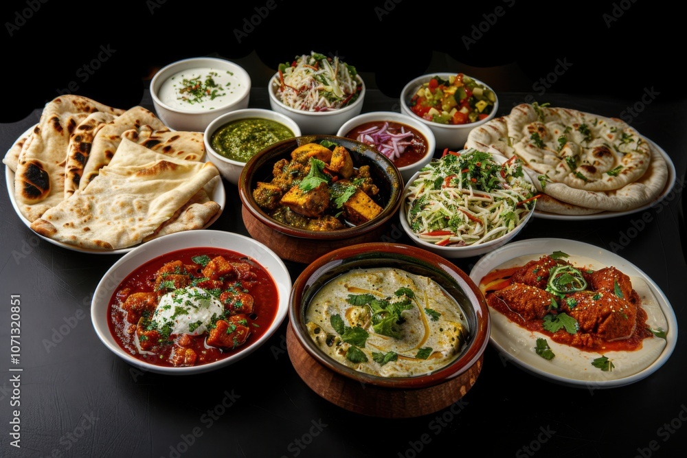 Assorted Indian Dishes on Black Background with Spicy Curries, Naan, Colorful Chutneys, Detailed and Inviting Assorted Indian Dishes on Black Background with Spicy Curries, Naan, Colorful Chutneys, Detailed and Inviting