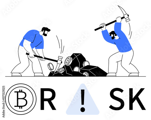 Two miners extracting bitcoins from rocks with pickaxes, accompanied by a RISK warning sign. Ideal for cryptocurrency, investment, finance, technology, cybersecurity, risk management, digital