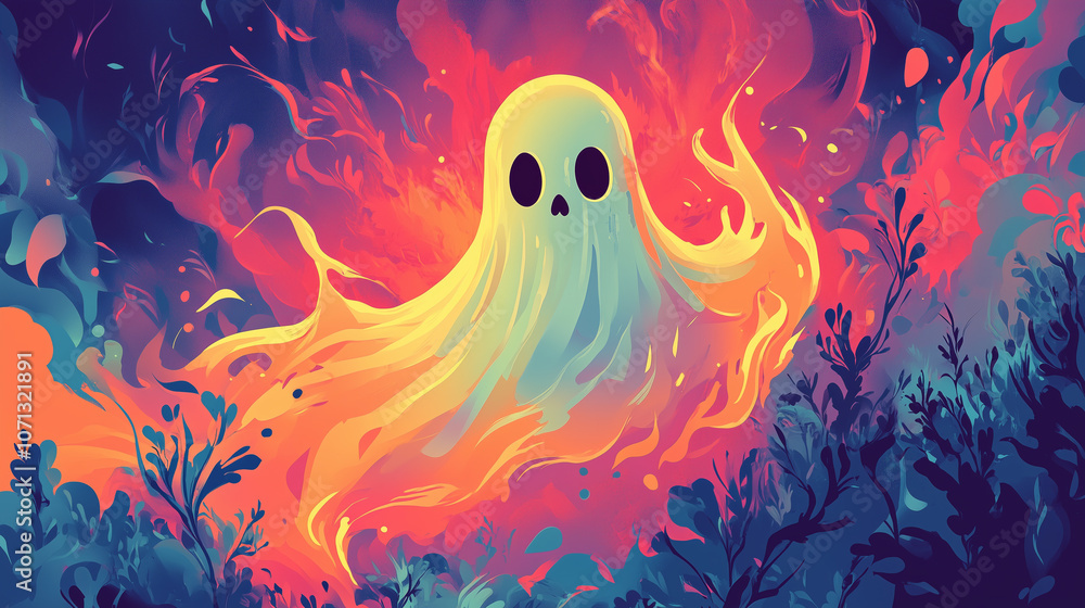 Whimsical Ghost Characters on a Vibrant Flat-Color Background Whimsical Ghost Characters on a Vibrant Flat-Color Background