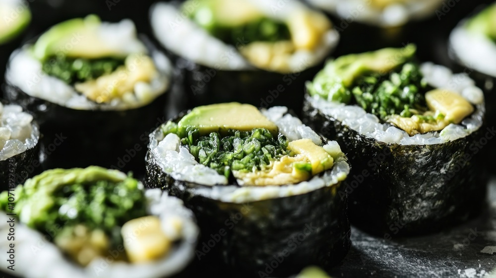Close-up of sushi rolls with avocado and greens on a dark surface. Close-up of sushi rolls with avocado and greens on a dark surface.