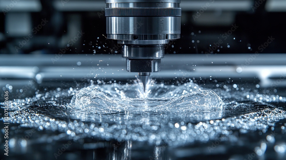 Close-up of a drill bit cutting through water creating a splash. Close-up of a drill bit cutting through water creating a splash.