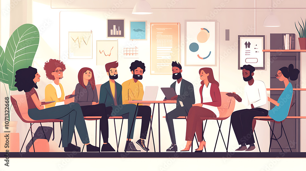 Fototapeta premium Mentorship program setting with motivational posters and diverse team members2
