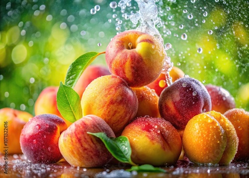 Ripe Peaches with Water Droplets in Bokeh - Fresh Summer Fruit, Juicy, Natural Beauty, Organic Harvest, Vibrant Colors, Close-Up Photography, Seasonal Delight, Healthy Snack, Nature's Bounty
