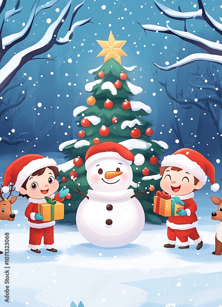 Joyful Kids Building Snowman by Decorated Christmas Tree in Winter Wonderland Scene : Generative AI Joyful Kids Building Snowman by Decorated Christmas Tree in Winter Wonderland Scene : Generative AI
