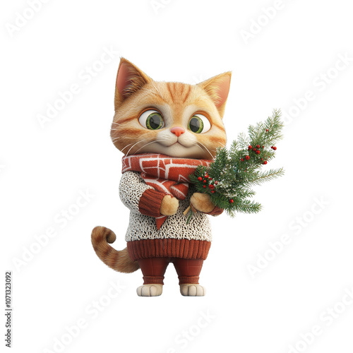 Cute Cartoon Cat Holding a Christmas Tree Branch