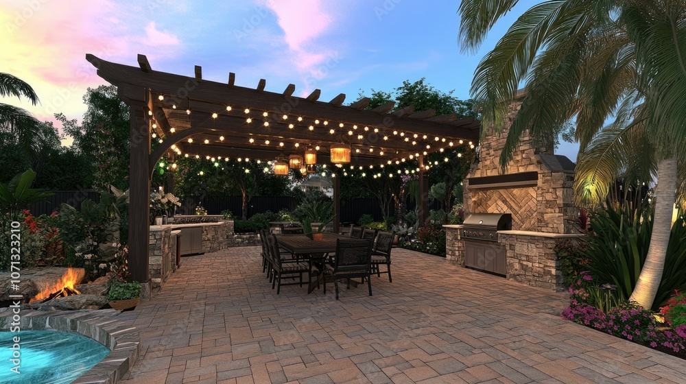 Obraz premium Elegant Outdoor Patio with String Lights and Grill