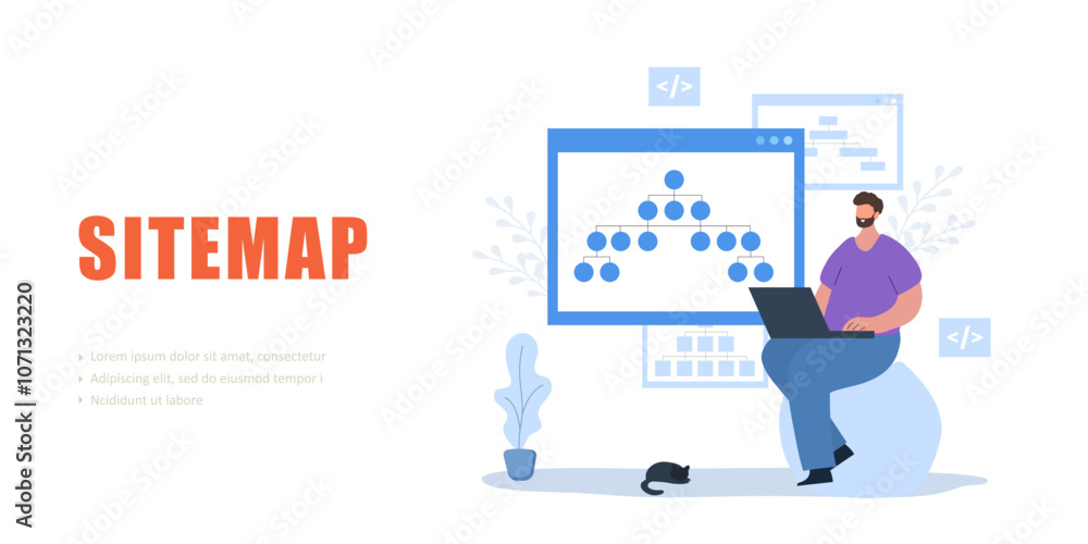 Sitemap concept. Landing page template. Website creation tool. Male developer with laptop. Online software and web page structure. Vector illustration. Sitemap concept. Landing page template. Website creation tool. Male developer with laptop. Online software and web page structure. Vector illustration.