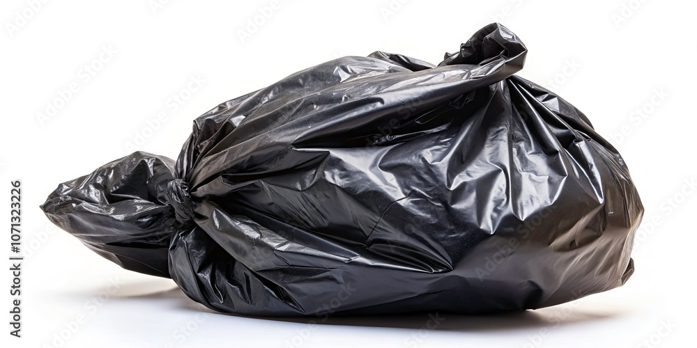 Single Use Black Plastic Bag Isolated on White Background for Recycling Awareness and Environmental Impact Single Use Black Plastic Bag Isolated on White Background for Recycling Awareness and Environmental Impact