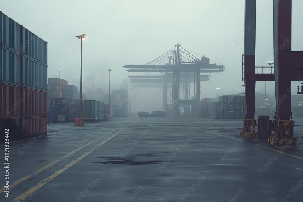 Empty port terminal with stacked, unattended shipping containers and idle cranes in the background, creating a desolate, industrial atmosphere. Photorealistic depiction of abandoned cargo area Empty port terminal with stacked, unattended shipping containers and idle cranes in the background, creating a desolate, industrial atmosphere. Photorealistic depiction of abandoned cargo area