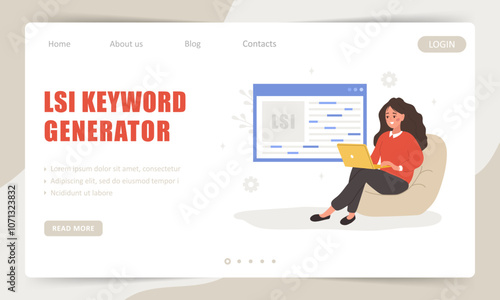 Lsi keyword generator. Landing page template. Key phrases generation service. Vector illustrations in cartoon style. Word search optimization.