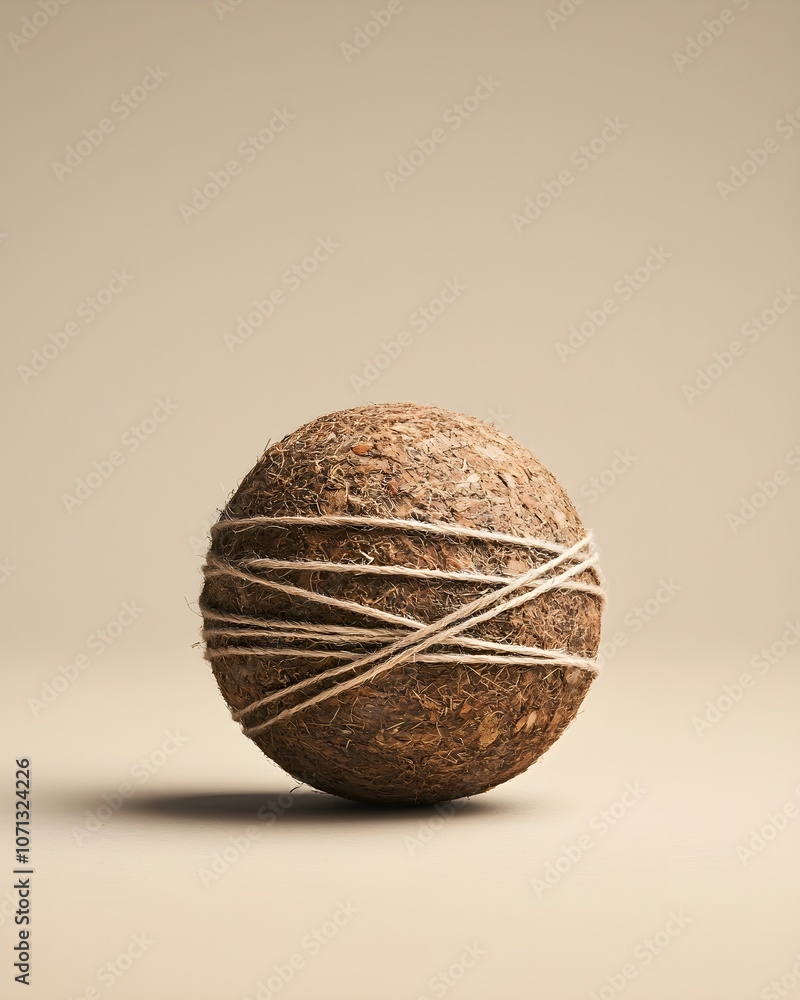 Natural textured sphere wrapped in twine on a neutral backdrop Natural textured sphere wrapped in twine on a neutral backdrop