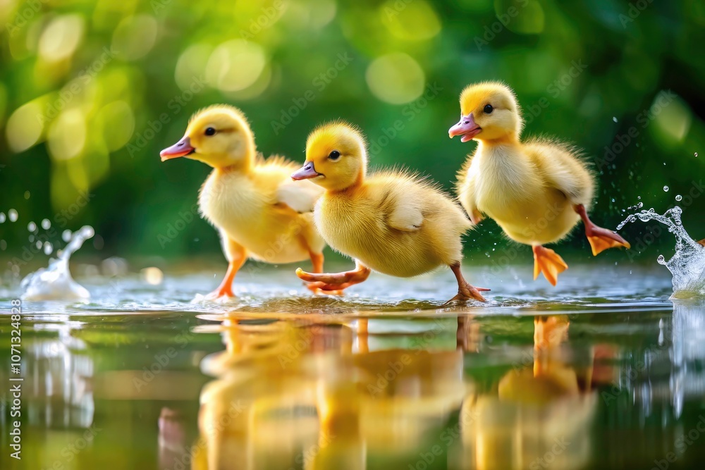 Three Playful Yellow Ducklings Jumping in Clear Water - Minimalist Nature Photography of Adorable Wildlife Moments Three Playful Yellow Ducklings Jumping in Clear Water - Minimalist Nature Photography of Adorable Wildlife Moments