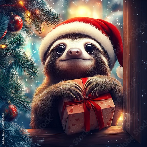 Delightful sloth with Santa hat and Christmas gift in snowfilled scene : Generative AI photo