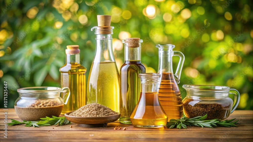 Various Vegetable Oils in Glass Bottles for Culinary Use - Sesame, Linseed, and Grape Oil in Horizontal Orientation with Copy Space for Text and Design Various Vegetable Oils in Glass Bottles for Culinary Use - Sesame, Linseed, and Grape Oil in Horizontal Orientation with Copy Space for Text and Design