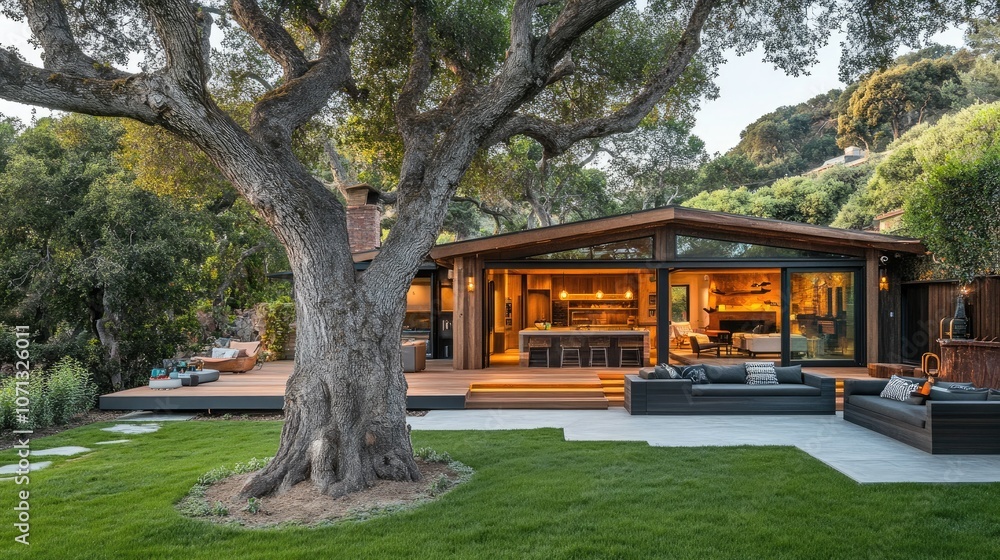 Modern Home with Scenic Landscape and Large Tree