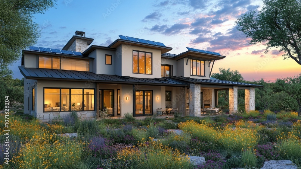 Modern house with solar panels at sunset Modern house with solar panels at sunset