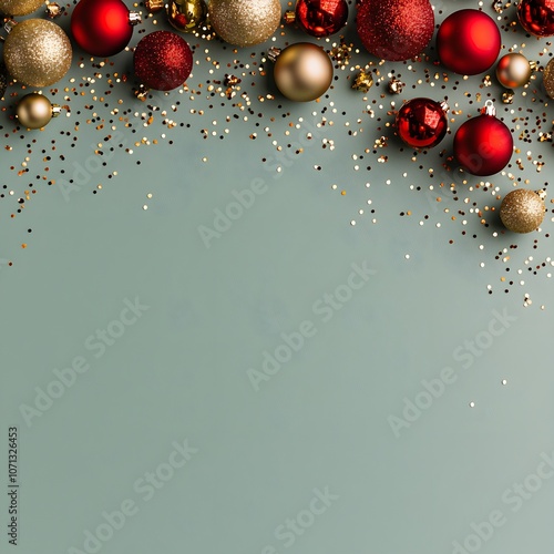 Festive holiday decorations with ornaments and glitter photo