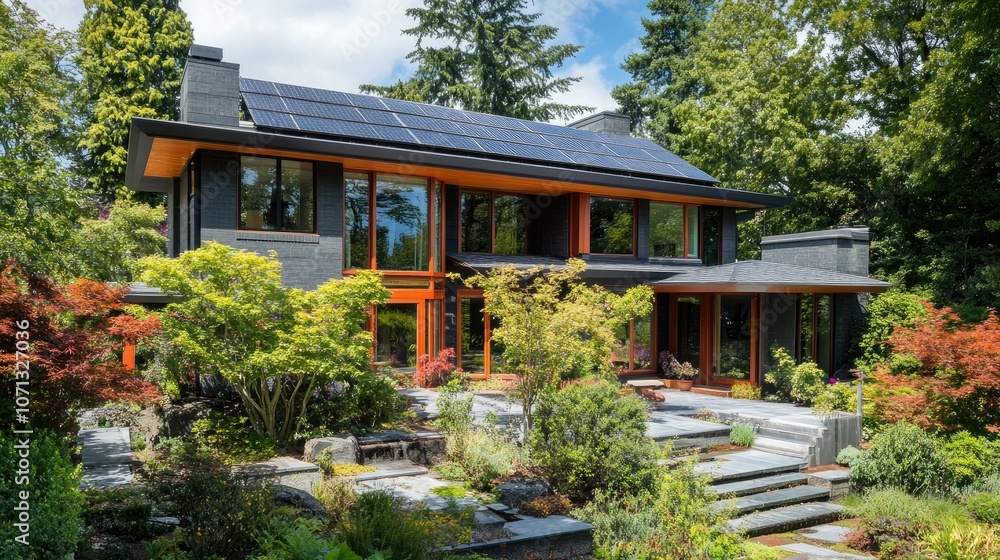 Modern Home with Solar Panels and Lush Landscape Modern Home with Solar Panels and Lush Landscape