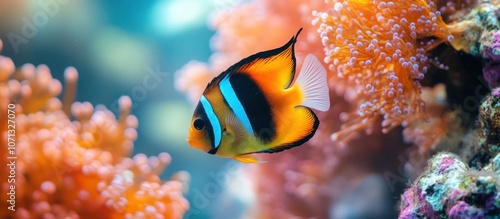 A vibrantly colored fish swims through the water next to orange and purple coral.