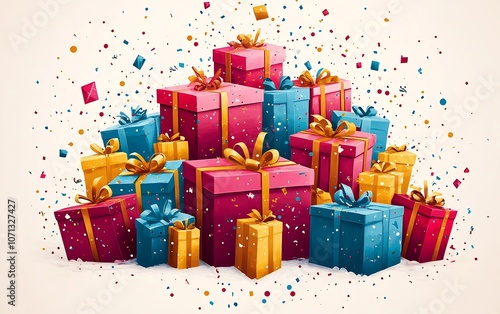 Stacked Gift Boxes with Colorful Wrapping Paper and Bows Festive Art Design : Generative AI