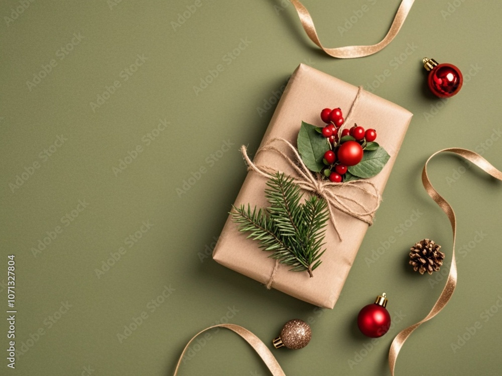 Christmas gift and decorations on olive background with copy space on left side, flat lay