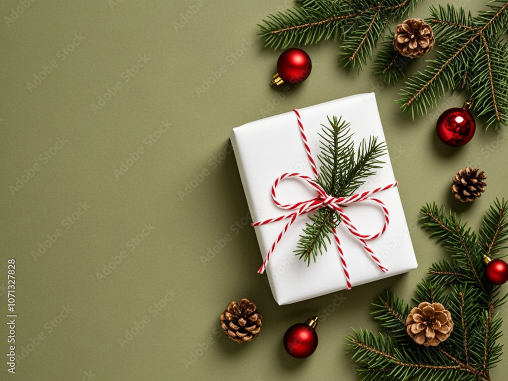 Christmas gift and decorations on olive background with copy space on left side, flat lay